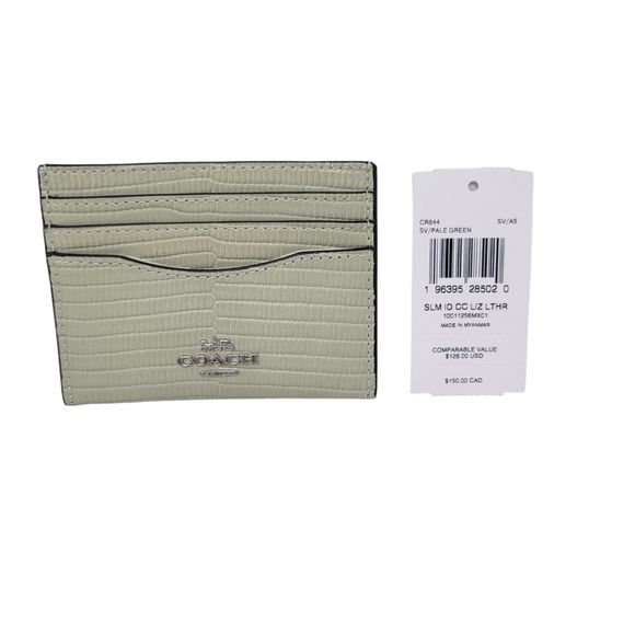 COACH CR844 Lizard-Embossed Leather Slim Id Card Case Silver/Pale Green NWT $128 - Picture 3 of 5